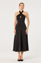 Satin Crossover Halter Midi Dress