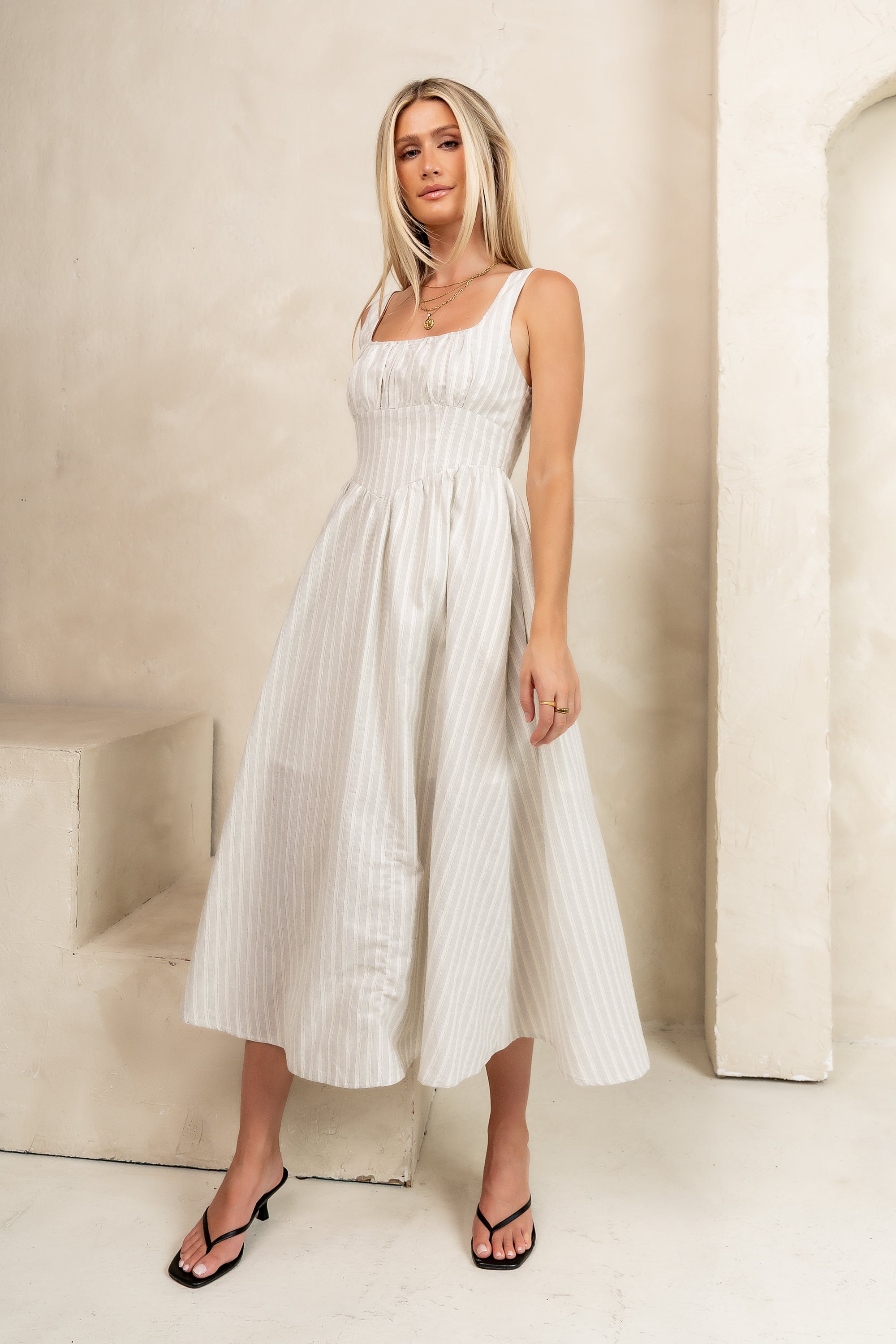 Raven Striped Midi Dress in Black