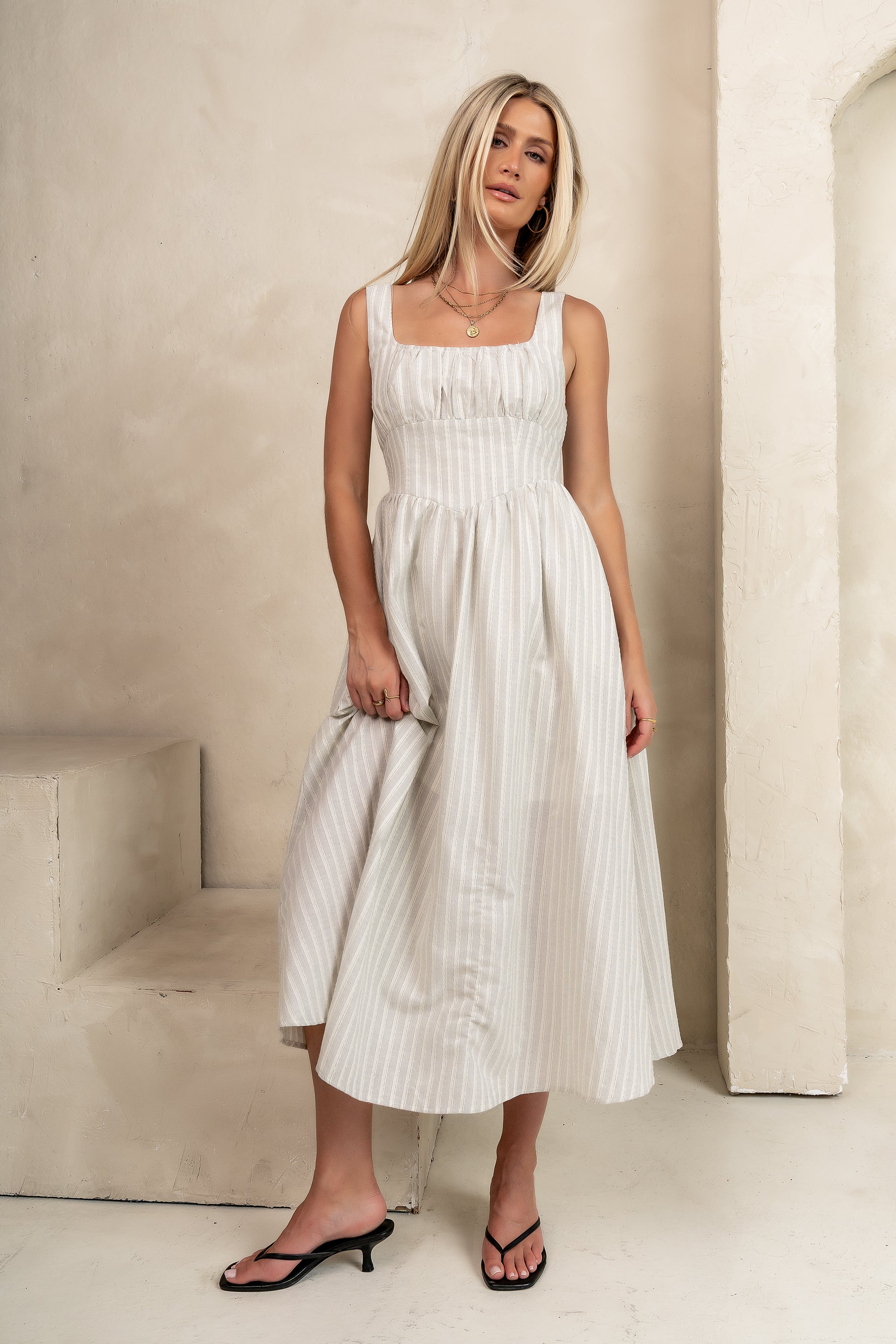 Raven Striped Midi Dress in Black